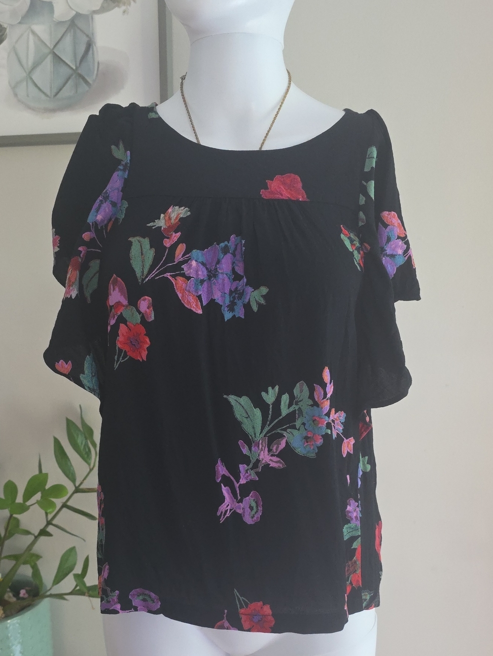 Maeve Black Floral Short-Sleeve Blouse with Purple & Red Blooms